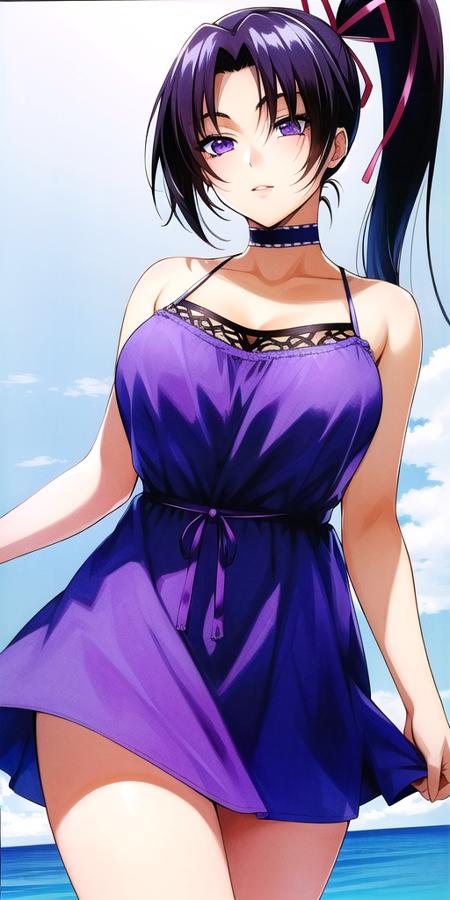 <lora:KousakaShigureV2:0.7>, kousaka_shigure, ponytail,  large_breasts, standing, solo, sundress,, masterpiece, best quality, detailed face, detailed eyes, highres,