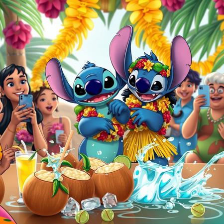 Create a humorous scene featuring Lilo and Stitch at a Hawaiian luau, but with a twist: Lilo is trying to teach Stitch how to hula dance. Stitch, in his usual clumsy manner, is tangled in a massive stack of leis and accidentally pulling down a whole tray of coconut drinks, which is splashing everywhere. In the background, the other characters from the movie, like Nani and Pleakley, are laughing as they capture the chaos on their phones. Add some vibrant tropical decorations and quirky facial expressions to enhance the hilarity of the moment