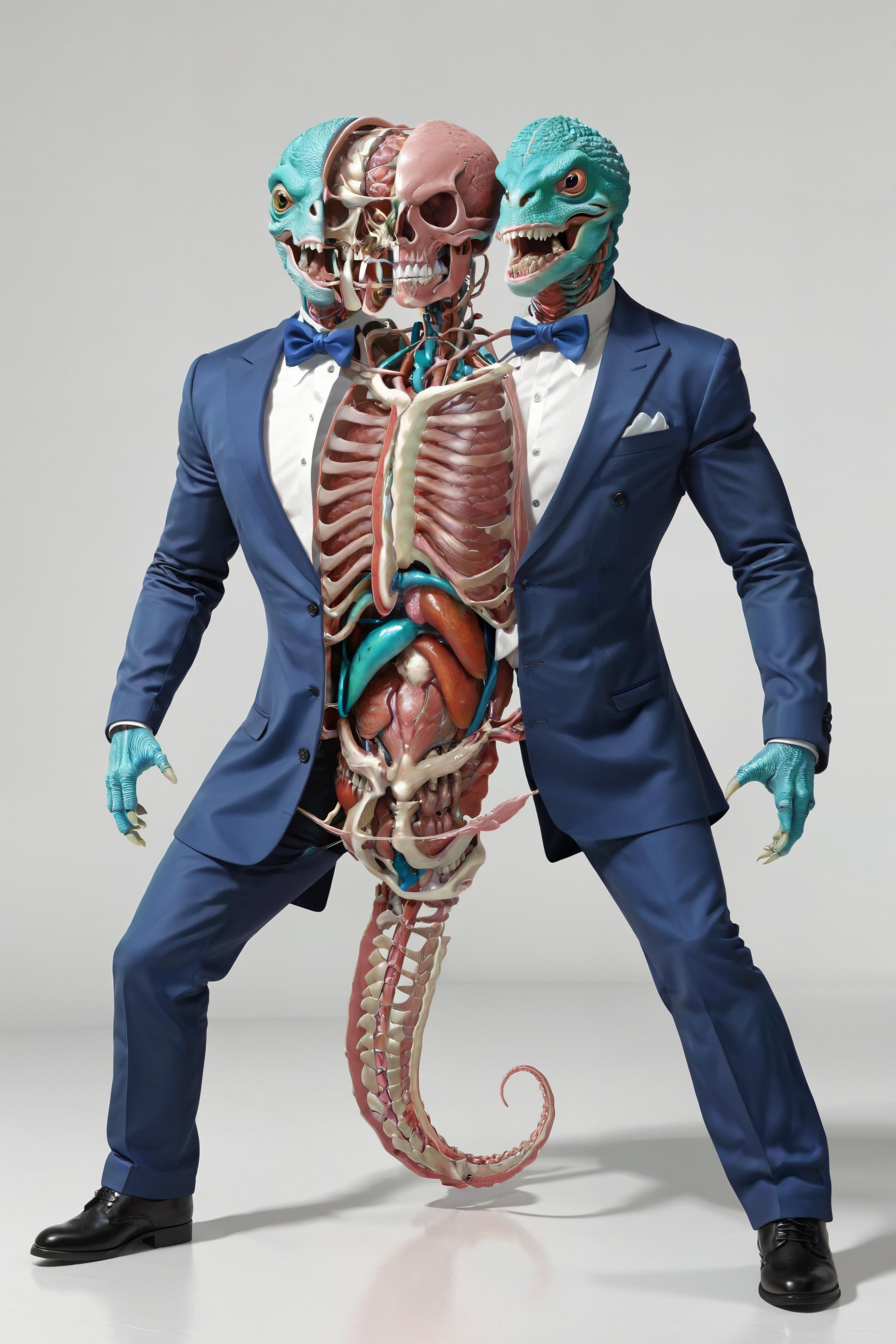 A humorous statue of a man wearing a suit and a tie with a skeleton inside his chest.