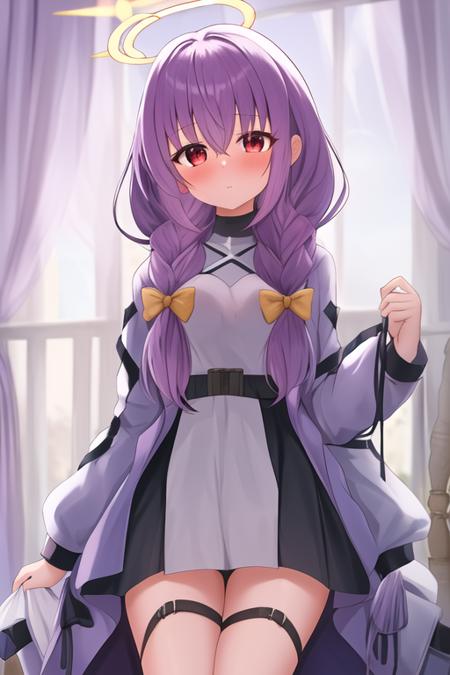 masterpiece, best quality, highres, solo, {atsuko_bluearchive:1.10}, long_hair, red_eyes, halo, purple_hair, braid, twin_braids, bangs, blush, bow, hair_bow, low_twin_braids, hair_between_eyes, breasts