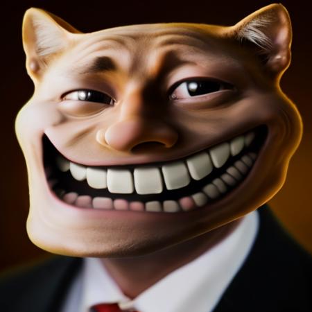 RAW photo,  cat, three-quarter, tr0ll face, wearing suit <lora:tr0ll-000040:1>, 8k uhd, dslr, soft lighting, high quality, film grain, Fujifilm XT3, simple background