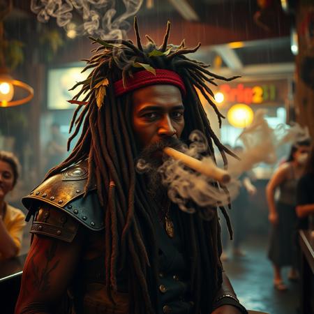 ( shot on a iPhone style) chilled happy big dreads tribal painted medicine man Rasta man with armor and military fatigues smoking a huge spliff the size of a fist, he blows of so much smoke it makes the crowd cough and dance, blowing the smoke into a cozy bar, crowded happy cozy gritty scifi jungle bar during a heavy rainstorm (masterpiece medium format swirly bokeh hyperrealisitic concept art 8k)  masterpiece medium format photo tribal amazon warrior he has leaves and flora in his hair, muted colours, soft focus