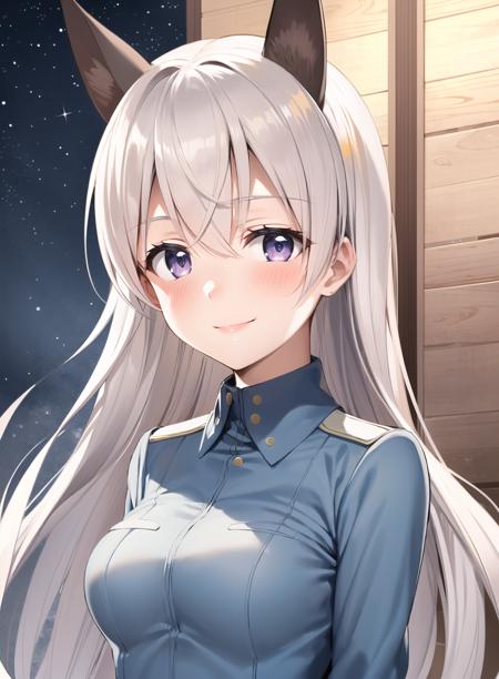 Eila, 1girl, solo, long hair, blush, smile, blue eyes, animal ears, purple eyes, grey hair, uniform, military, fox ears, military uniform, fox girl <lora:Eila-10:1>