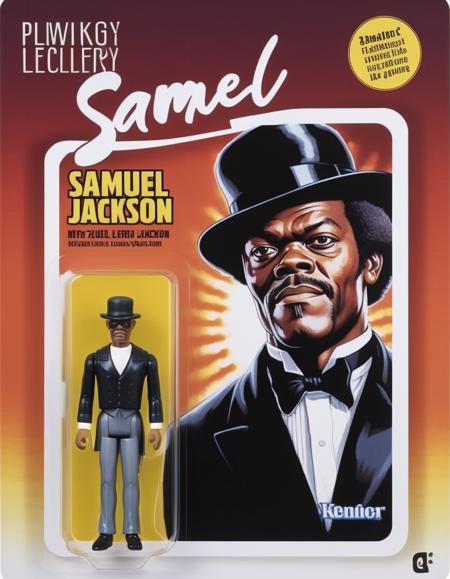 A lifelike figurine resembling the well-known actor, Samuel Leroy Jackson, stands prominently displayed. The figurine captures his iconic features with striking realism, from his intense gaze to his signature expression. Alongside it, the packaging showcases a cartoon illustration of Samuel Leroy Jackson, adding a playful contrast to the realism of the figure. The name 'Samuel Leroy Jackson' is printed in bold, eye-catching letters on the packaging, highlighting his renowned identity.<lora:gonza:0.75> ,