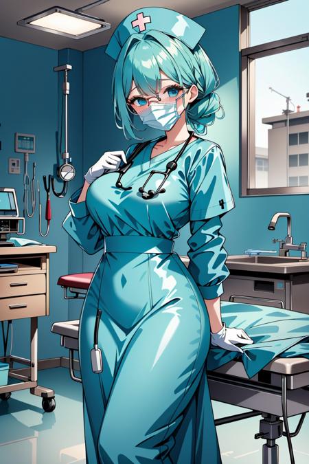 ((masterpiece, best quality,lower_body)), operating table,medical monitors,hospital bed,  <lora:surgical_nurse_v1:0.8> (surgical_nurse_v1.0, nurse cap, nurse, latex, stethoscope, latex gloves, surgical mask,long dress), <lora:Sachie Uchiyama:0.7> (sachie uchiyama, 3dcg_11, 1girl, solo, breasts, bangs, braid, glasses, aqua hair, aqua eyes),