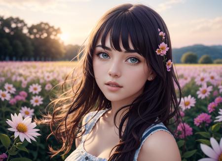 analog proto, beautiful young girl standing in a field of colourful flowers, summer, beautiful lighting, (photorealistic, sharp focus), ultra detailed, closeup