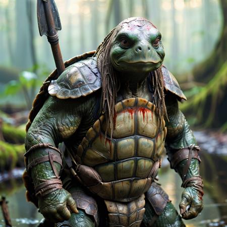 highly detailed portrait photo of a (tortle):1.0,

tortle, solo, looking at viewer, holding, standing, weapon, holding weapon, armor, blurry, blood, blurry background, colored skin, polearm, shoulder armor, gauntlets, wading, pauldrons, spear, breastplate, realistic, green skin, holding polearm, chainmail,

a primitive camp in a swampy jungle,

depth of field:1.2, blurry, blurry background,
realistic:1.3,

photorealistic,
fantasy, cinematic,
32k, best quality, 
god rays:1.2,
dappled sunlight:1.1,
shadow play:1.1,




