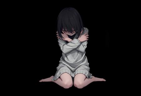 Girl on knees, arms wrapped around herself, hair obscuring face, black shadows from all sides, indistinct black dakrness :: despair, isolation, dark :: high-definition digital illustration
