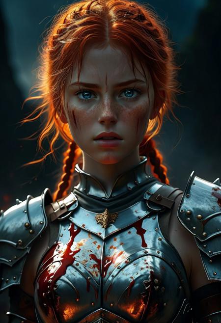 A beautiful Warrior girl with wavy red hair Standing on the a bloody battlefield. Her iron armor are intricately detailed and reflecting flickering light, Dark fantasy style, The light of dark fantasy battle illuminates her determined expression as she prepares to face the enemy, Close up. Dark fantasy style,  Standing on a battlefield at the head of an army of knights, where a bloody slaughter is taking place, (standing in a vigorous pose: 1.5), (direct eye contact: 1.3), whole athletic body, cinematic lightning, intricately detailed iron armor, The scene is reminiscent of a Greg Rutkowski concept art piece, realstic blue eyes, realistic freckled pale face covered in blood, with dramatic lighting and a dark, curvy, looking at viewer, gritty atmosphere, Ultra-detailed, Raytracing reflections, High contrast, beautiful Warrior girl, beautiful firm body, girl athletic figure, (very pale freckled face: 1.3), oranges, and greens, attractive 21 years old woman, cinematic lightning, Cinematic film still, Medium shot. Best quality, Masterpiece, The scene is reminiscent of a Greg Rutkowski concept art piece, realistic pale face covered in blood, with dramatic lighting and a dark, gritty atmosphere, asymmetrical balance, adding to the intense and dynamic atmosphere of the scene
