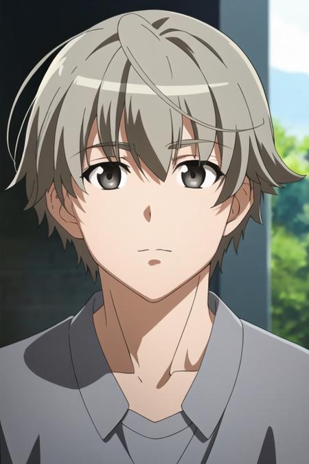 masterpiece, best quality, photorealistic, 1boy, solo, male focus, looking at viewer, upper body, , <lora:haruka_kasugano:0.68>, haruka_kasugano, grey hair, grey eyes