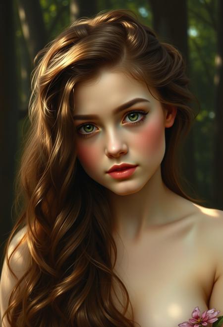 realistic lighting, photo, photorealistic very aesthetic, detailed face and eyes, forest, petite perky breasts, blush, (sexy and curvy Ariel , old oil painting by William Bouguereau,