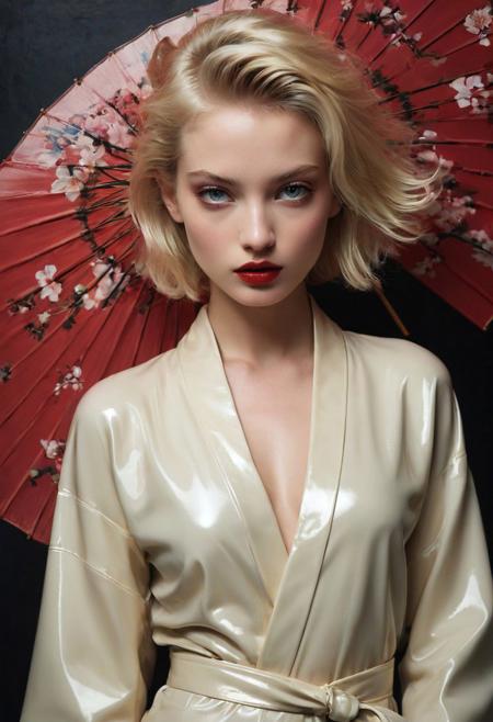 professional fetish glamour photograph of a cute 18 year old ivory blonde amateur model wearing latex kimono by  Annie Leibovitz and Peter Lindberg and Helmut Newton, realistic skin texture, glossy lipstick,  short hair , bold lines, hyper detailed, dark limited palette, chiaroscuro,  (intricate details, masterpiece, best quality:1.4), mesmerizing, dramatic, dynamic provocative pose
<lora:add-detail-xl:1> <lora:xl_more_art-full_v1:0.5>