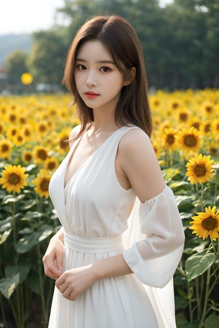 (mature body), (upper body:1.5), nikon RAW photo,8 k, Fujifilm XT3,masterpiece, best quality, realistic, photorealistic, ultra detailed, extremely detailed face, solo,1girl, standing, fashionable and trendy atmosphere, and a stylish expression on her face, close up, (narrow waist), white dress on field of sun flowers,