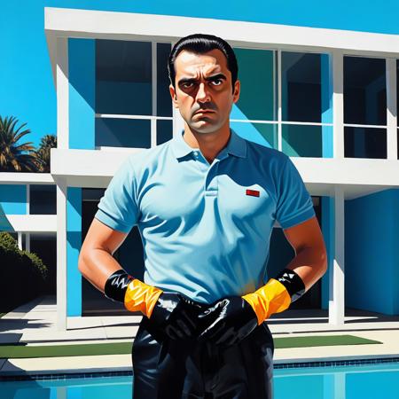 devastatingly handsome Miami blood spatter analyst in a polo shirt, thick dark eyebrows, close-set eyes with thick lashes, bedroom eyes that are completely empty and soulless, European nose, angular face with square jaw, perfect proportions, standing and looking directly at viewer with intense Kubrick stare, head tilted slightly down while eyes look up, unsettling fixed gaze with no emotion behind the eyes, wearing black leather gloves, holding a scalpel, arms at his side with hands hanging at waist level, handsome facade masking complete emptiness, fullbody, crime scene tape,, vibrant acrylic painting style, bold flat colors, clean geometric compositions, bright California sunlight, crisp shadows, modernist architecture, swimming pool blue tones, perfectly manicured landscapes, mid-century modern aesthetic, saturated color palette, smooth gradients, minimal detail work, contemporary pop art influence, architectural precision, optimistic 1960s atmosphere,