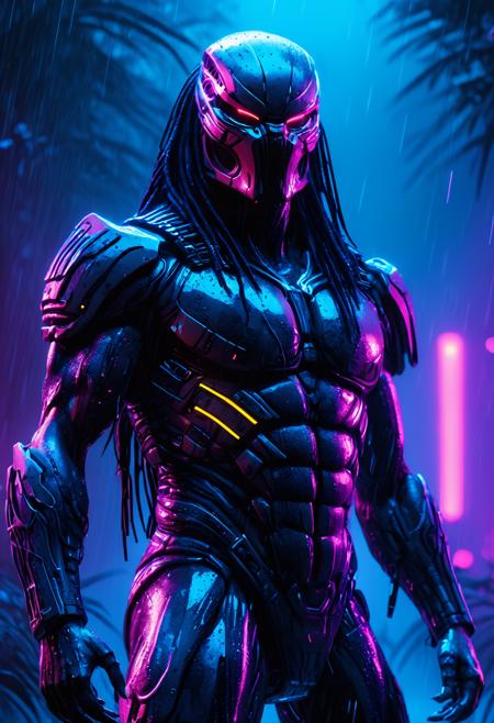 A cinematic 50mm face-focus shot of Predator from Predator, with high detailed and beautiful eyes, in a macabre style, set in a mystical fog-covered forest, a dynamic dying pose and an scared expression and half dressed, rating questionable. The scene is illuminated by Vibrant sunset gradient, enhancing the melancholic atmosphere. raindrops glistening under neon lights. Vivid, halftone textures merge with sharp, ultra-HD details, creating a captivating blend of retro pop-art energy and modern realism. Every feature is carefully sculpted, preserving the soul of the subject in exquisite resolution., <lora:add-detail-xl:1>, <lora:JuggerCineXL2:0.75>, Jed-Cypnk, <lora:CyberpunkStyle:0.8>, eyeshd, <lora:Eyes_High_Definition:1>,