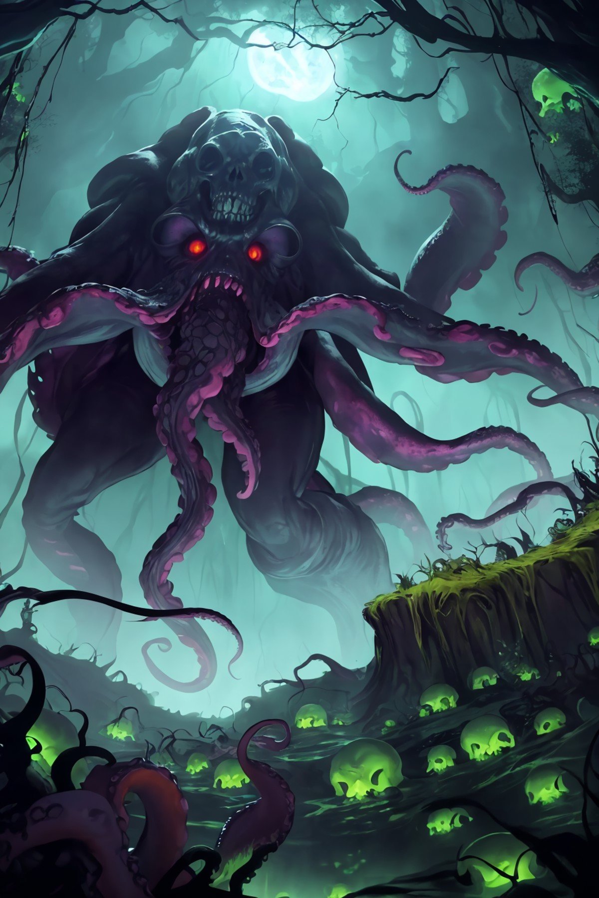 zrpgstyle, from_side from_below dark swamp eldritch monster (skull face:1.2) creature with (octopus tentacles:1.2) rising ...