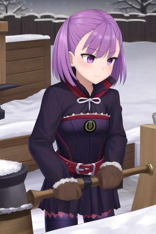 helena blavatsky, purple hair, short hair, (purple eyes:1.1),
winter clothes, snow, blacksmith, smith, hammer, forge, forging, smithing