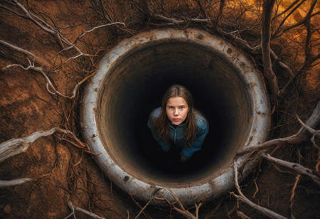 Create an image of a girl trapped in an abandoned vertical tube well, aerial view, dry land, dry trees, light rain, a landscape, dark clouds, her fear, confusion, sunset, dim overhead light, hyper realistic nature.