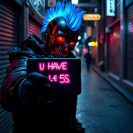 Cyberpunk criminal with glowing blue glass fiber mohawk and black skull mask, glowing red eyes, glowing teeth, black leather coat, in cyberpunk street alley, aiming a futuristic gun at viewer showing futuristic ipad with neon text on it "U HAVE 5S TO GIVE ME UR BUZZ", neon lights, night, wet asphalt