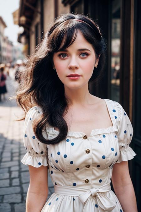 ZooeyD_SoloTI_v1, PA7_Portrait-MCU,
(Clad in a retro polka-dot dress with a cinched waist and pearl accessories, complemented by a classic updo), (Amidst a quaint town square, with cobblestone streets lined with charming boutiques and antique shops, where time seems to stand still:1.3), (seductive:1.3),(analog, cinematic, film grain, hazy atmosphere, cinematic shot:1.3),
 <lora:add_detail:0.6>