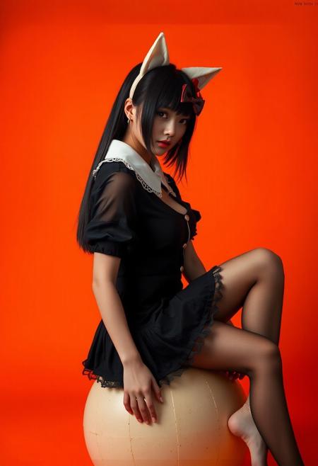 (Soft Lighting Photography by Mimoza Veliu and Mario Giacomelli:1.2), NSFW, Japanese college girl wearing white cat ears, long eyelashes, long black bob, face obscured by hair, bare feet, feet to viewer, white ears with red bow, sexy black dress with white collar, black and white striped stockings, breast exposed, sitting on a bouncy ball with her leg, white grunge, in profile, side view, surrealism, fashion illustration, orange background, avant-garde, vivid colors, filigree, photorealistic rendering, moody chiaroscuro lighting. sexy, dynamic poses,looking at viewer,