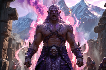 bioluminescent, an orc brawler with green skin, wearing minimal armor, fists raised, solo, from the Deathforge Clan, with blackened armor and death symbols, a mountain pass with rocky terrain, narrow path, distant peaks, detailed background, raging in combat, dual-wielding axes, tired, eyes drooping, wide shot, a blacksmith competition with orcs forging, sparks flying, crowds watching, a piece of roasted meat, nearby, on a forge floor, soot-covered, sunny, bright sunlight, clear skies, warm glow, evening, orange and purple sky, cooling air, soft light, best quality, vibrant colors, realistic style, high detail, high-definition, hyper-realistic, extremely high-resolution details, fine texture, incredibly lifelike, realistic, not cartoon, not drawing, highres, 4K resolution, source photo, realistic photo, masterpiece, best quality, amazing quality, very aesthetic, ultra-detailed, detailed textures, natural lighting, soft light, volcanic red tones, deep reds and blacks, dawn light, soft pink and orange glow, dynamic angle, wide shot, <lora:Mystic_Lumina_r1-000007:0.9>