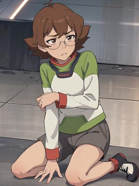 , (1girl), masterpiece, 8k HDR, hires, high resolution, best quality, beautiful eyes, perfect lighting, (sharp focus), (solo),   <lora:Pidge:0.8> pidge , Brown hair, short hair, glasses, brown eyes, long shorts, long sleeve, (kneeling), looking (sad),