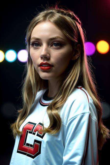 gracevandien wearing long sleeve t-shirt with sports logo, long hair, red lips, eyeliner, eyeshadow, makeup, 
upper body, close up, black studio background, 
<lora:graceVanDien_V1:0.7>