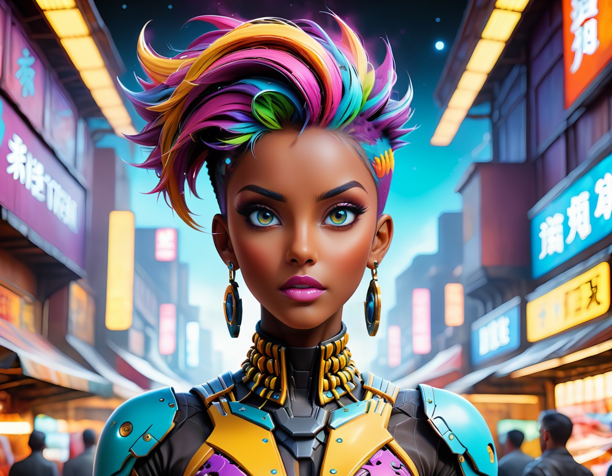 Vibrant and captivating 3d anime style atompunk art depicting an alluring figure, adorned in a stillsuit with intricate de...