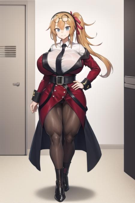 1girl, standing, indoors, (KalinaGK, griffin & kryuger military uniform, white shirt, necktie, side ponytail, eyewear on head, off shoulder, round eyewear, pantyhose), full body, huge breasts, thick thighs, venusbody, abs, smile, looking at viewer, contrapposto, hands on hips
 <lora:venus body2:1> <lora:Melon22:1> <lora:Kalina:1>