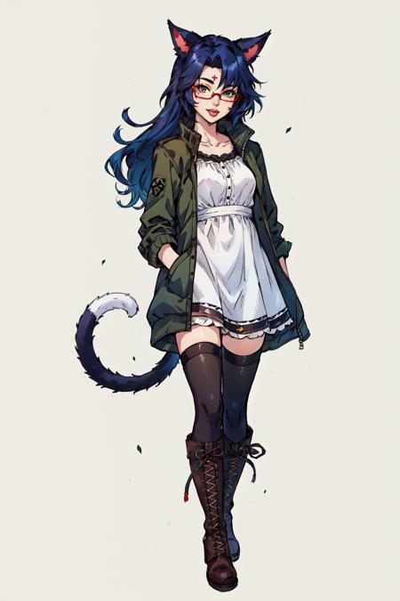 Duskfallcrew Art Style,  1girl,  solo,  long hair,  black hair,  thighhighs,  dress,  animal ears,  blue hair,  jacket,  tail,  full body,  boots,  glasses,  tongue,  black thighhighs,  cat ears,  tongue out,  white dress,  cat tail,  facial mark,  knee boots,  cross-laced footwear,  red-framed eyewear,  green jacket,  miqo'te, <lora:EMS-57370-EMS:0.400000>