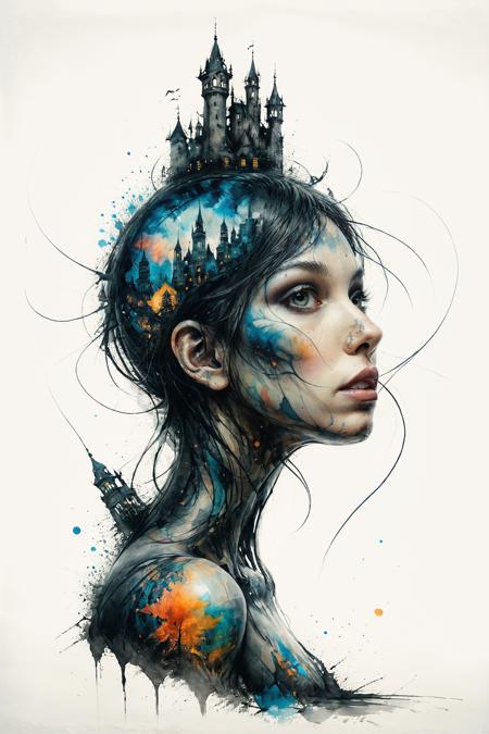 mysterious silhouette tattoed woman, by Minjae Lee, Carne Griffiths, Emily Kell, Steve McCurry, Geoffroy Thoorens, Aaron Horkey, Jordan Grimmer, Greg Rutkowski, amazing depth, double exposure, surreal, geometric patterns, intricately detailed, bokeh,  perfect balanced, deep fine borders, artistic photorealism , smooth,  great masterwork by head of prompt engineering   <lora:add-detail-xl:2>  <lora:xl_shuimo:0.7> ink wash painting <lora:Cute_Drawing:0.55>  <lora:hyperkraximalism_v1-1:0.25>