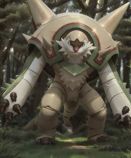 chesnaught, claws, stand, (grass, forest):1.13, daytime, sunny <lora:Chesnaught:0.85>