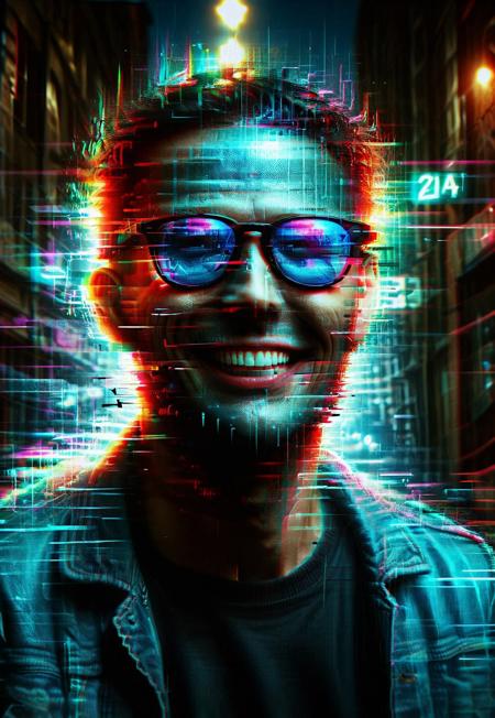 glitch style, man, plastic skin, creepy grin, sunglasses, looking at viewer, laughing, wide grin, portrait, neon signs, glitch effects, eerie, dark alley, digital noise, distorted shadows, flickering light