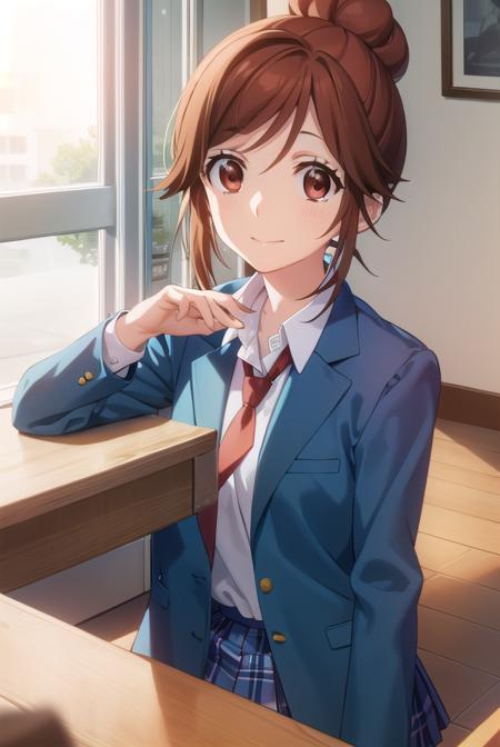 natsukienomoto, <lora:natsuki enomoto movie-lora-nochekaiser:1>,
natsuki enomoto, short hair, brown hair, (brown eyes:1.5), hair bun, single hair bun, (swept bangs:1.5), smile,
BREAK skirt, school uniform, jacket, pleated skirt, necktie, blazer, blue blazer, shirt, white shirt, collared shirt, red necktie, blue skirt,
BREAK indoors, classroom,
BREAK looking at viewer, (cowboy shot:1.5),
BREAK <lyco:GoodHands-beta2:1>, (masterpiece:1.2), best quality, high resolution, unity 8k wallpaper, (illustration:0.8), (beautiful detailed eyes:1.6), extremely detailed face, perfect lighting, extremely detailed CG, (perfect hands, perfect anatomy),