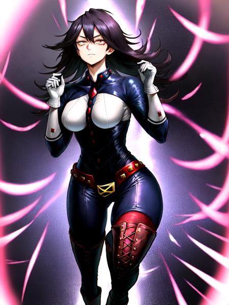 midnightmha, boku no hero academia, 1girl, solo,   <lora:midnightMyHeroAcademia_v10:1>, gloves, bodysuit,   boots, thigh boots,  white gloves, looking at viewer, red footwear,