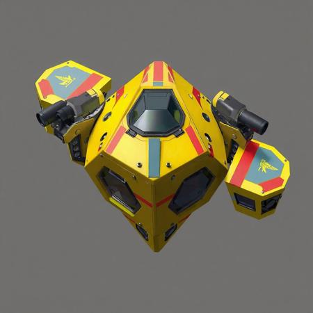 2 metre sized flying object. Decahedron with  shaped brutalist aesthetic. Anti gravity drive. Equipped with 2 guns. Bright overall colour with bold stripes and graphics.