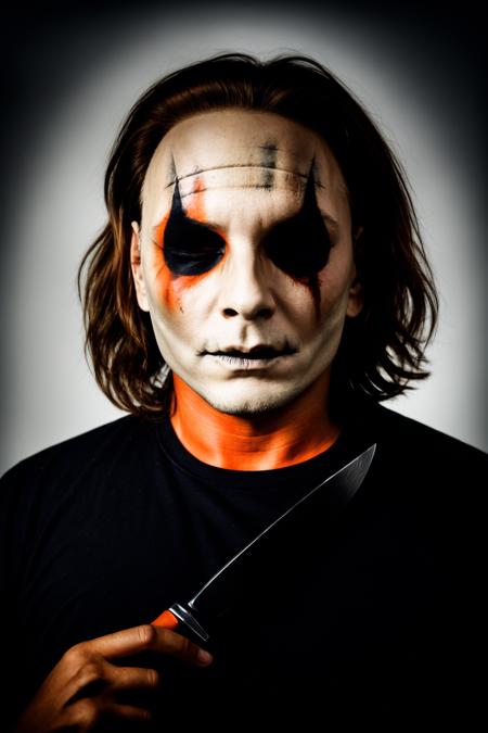 RAW photo, portrait of a man with knife, with a knife, (Michael Myers from movie Halloween), HWmakeup, (Halloween costume:1.1), autumn, Halloween, Halloween theme, Halloween colors, 8k uhd, dslr, soft lighting, high quality, film grain, Fujifilm XT3, (intricate details:0.9), (hdr, hyperdetailed:1.2), <lora:HWmakeup:0.5>