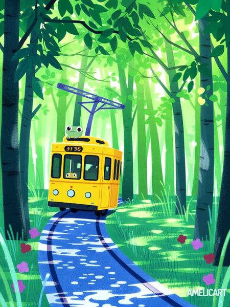 AMELICART. masterpiece, best quality,high detailed. In this vibrant digital illustration by artist "Hueh," a cheerful yellow streetcar traverses a lush green forest. The whimsical vehicle, adorned with frog-like figures perched playfully on its side, whisks along a curved path lined with tall grass and towering green foliage. The bright hues of blue, green, and yellow dominate the scene. The frogs, with exaggerated cartoon eyes and red markings, add a delightful touch to the charming setting. A gentle light filters through the leaves, creating a dappled, serene ambiance. This visually enchanting, fantastical view exudes joy and the innocence of nature.
