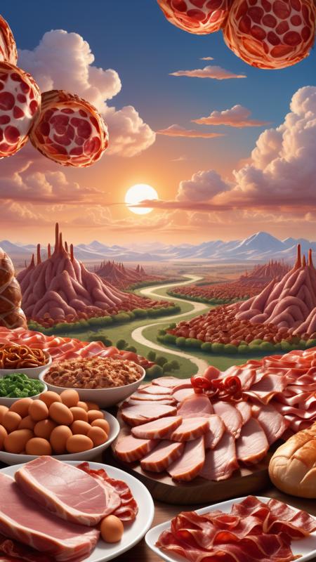 breathtaking A vast landscape made entirely of various meats spreads out before the viewer.  tender, succulent hills of roast beef, chicken drumstick trees, bacon rivers, and ham boulders create a surreal, yet appetizing scene. the sky is adorned with pepperoni sun and salami clouds. . award-winning, professional, highly detailed