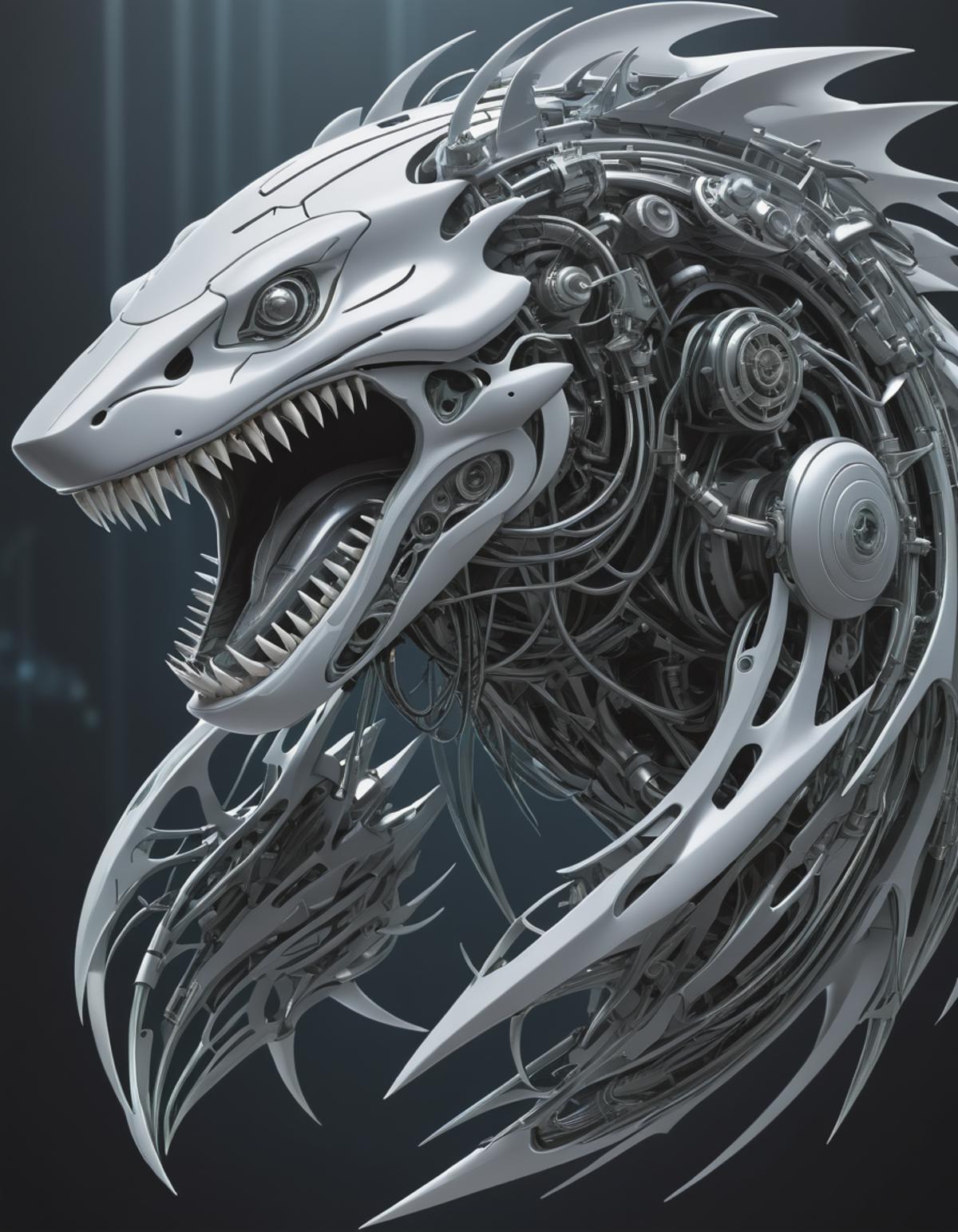 A metallic robot shark with sharp teeth and circuitry.