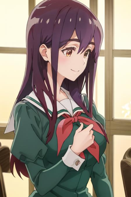 best quality, masterpiece, highres, solo, {yano_mitsuki_watashinoyuriwaoshigotodesu:1.15}, long_hair, purple_hair, brown_eyes, hair_between_eyes, 1girl, green_shirt, sailor_collar, school_uniform, serafuku, shirt, smile, upper_body, white_sailor_collar, from_side, neckerchief, profile, puffy_sleeves, red_neckerchief, closed_mouth, window