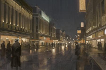 a painting of a city street at night with people walking on the sidewalk and cars on the street and buildings on the street