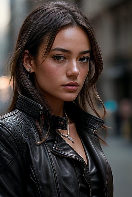 beautiful young woman (EP3ll4M3nd3ls0hn:.99), Refined French twist, jewellery, ((portrait)), (closeup:1.2), ((from the waist up)),  (( court  :1.2)), natural skin texture,  (( Leather jacket :1.2)), 24mm, 4k textures, soft cinematic light, adobe lightroom, photolab, hdr, intricate, elegant, highly detailed, sharp focus, ((((cinematic look)))), soothing tones, insane details, intricate details, incredibly_absurdres, hyperdetailed, low contrast, soft cinematic light, exposure blend, hdr, faded, now, ("I've got a bad feeling about this.":1.1)