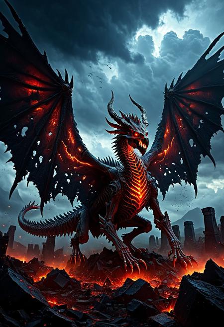 A terrifying skeletal dragon emerging from a dark, foggy abyss — massive tattered wings spread wide, glowing red eyes in its skull, ancient runes etched into its bone, surrounded by crackling necromantic energy, towering over a ruined battlefield under a stormy sky — hyper-detailed, cinematic lighting, epic fantasy art style, ultra realistic, high contrast, 4K resolution