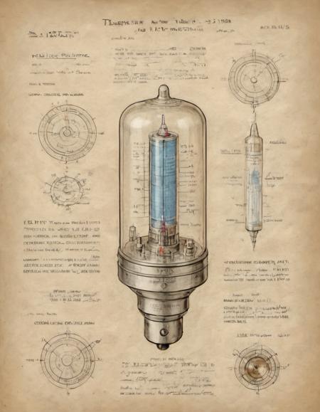 pencil and ink on parchment diagram and schematic detail views of a fluz capacitor with vacuum tubes and readout display and oscilloscope color washes and white highlights