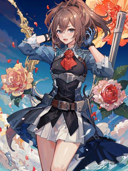 sheffield \(kancolle\) , 1girl, red flower, solo, red rose, flower, rose, gloves, skirt, white gloves, red ascot, uniform, ascot, belt, military, military uniform, white skirt, brown belt, pleated skirt, belt buckle, buckle, long sleeves, open mouth, blush, breasts, adjusting gloves, cowboy shot, petals, original, intricate detail, illustration, masterpiece, extremely detailed CG unity 8k wallpaper, highlight, sharpening, dynamic,  <lora:Sheffield-2:0.5>