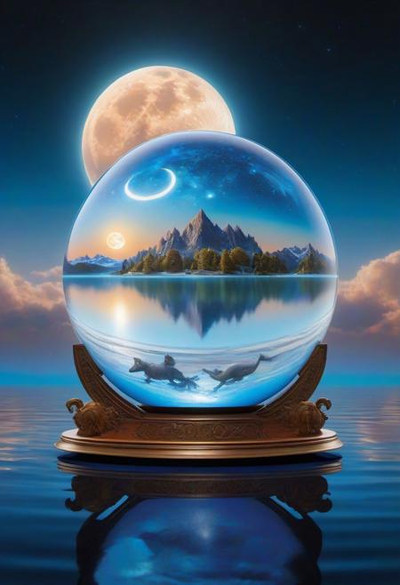 beautiful dreamland scene with the zodiac signs apearing in 3D from front to back,  moon is rising. A cristal globe emerge from the water, realistic: light brown and blue pastel ratio: encaustic, professional photography, natural lighting, volumetric lighting maximalist photoillustration: by Robert McCall and Roger Dean and Ryan Pancoast, 8k resolution concept art intricately detailed, complex, elegant, fantastical