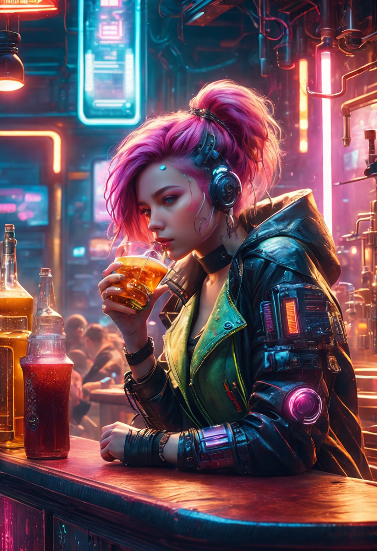 Photorealism redshift style analog style  photograph close up; girl cyberpunk in a seedy bar drinking. Science fiction set...