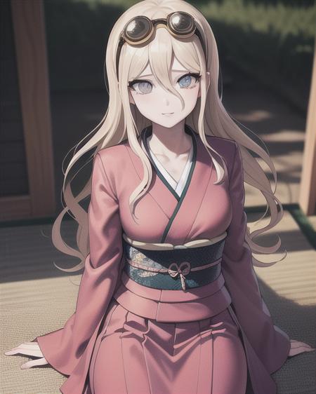 Iruma Miu/(danganronpa/), japane kimono, japane village bacgkround, ultra-detailed, masterpiece, illustration, 8k, masterpiece, realistic shadows, googles on head, cute, colorful, beautiful detailed eyes <lora:IrumaMiuDanganronpaV1:0.4>